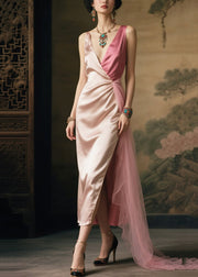 Women Nude V Neck Patchwork Side Open Silk Vacation Dress Summer
