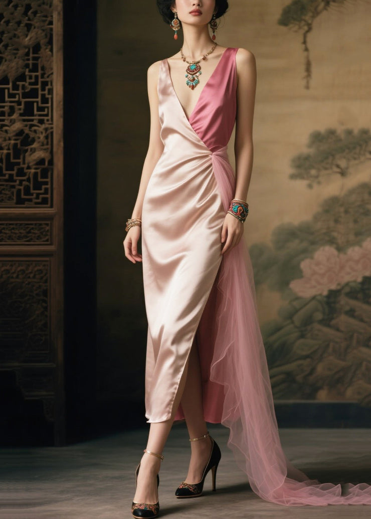 Women Nude V Neck Patchwork Side Open Silk Vacation Dress Summer