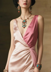 Women Nude V Neck Patchwork Side Open Silk Vacation Dress Summer