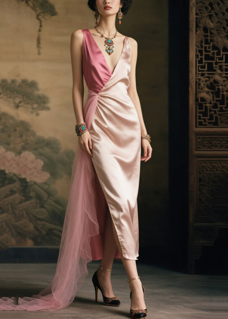 Women Nude V Neck Patchwork Side Open Silk Vacation Dress Summer