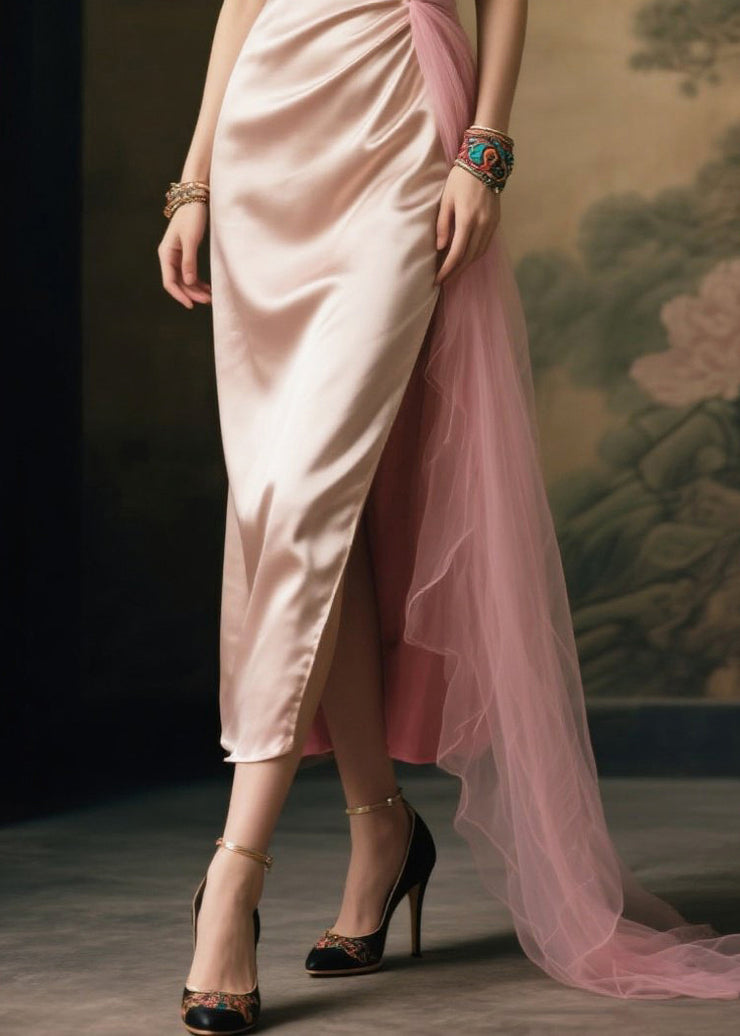 Women Nude V Neck Patchwork Side Open Silk Vacation Dress Summer