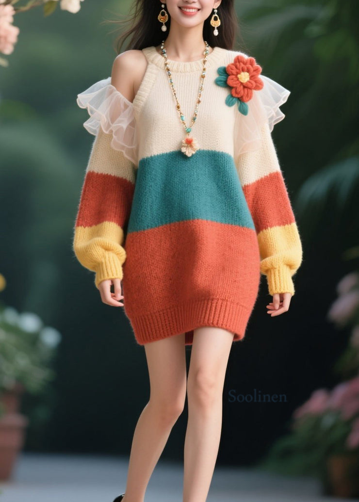 Women O-Neck Cold Shoulder Floral Knit Sweater Dresses Fall