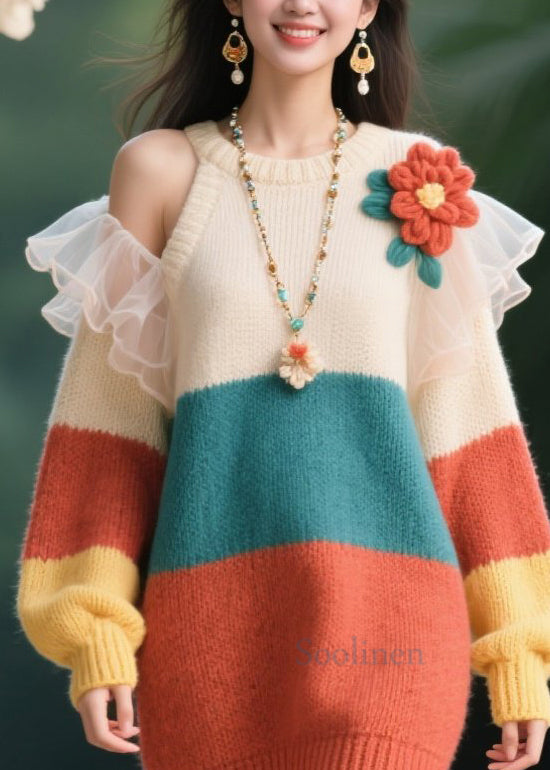 Women O-Neck Cold Shoulder Floral Knit Sweater Dresses Fall