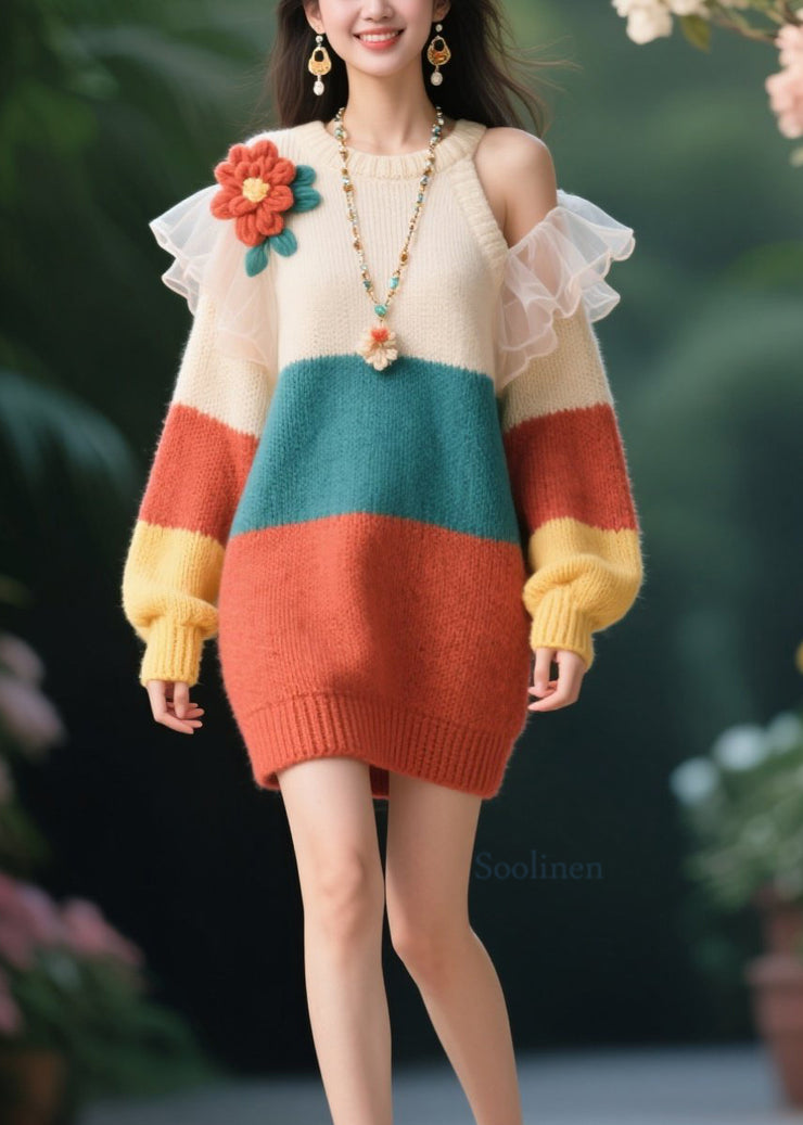 Women O-Neck Cold Shoulder Floral Knit Sweater Dresses Fall
