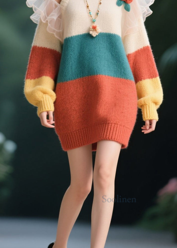 Women O-Neck Cold Shoulder Floral Knit Sweater Dresses Fall