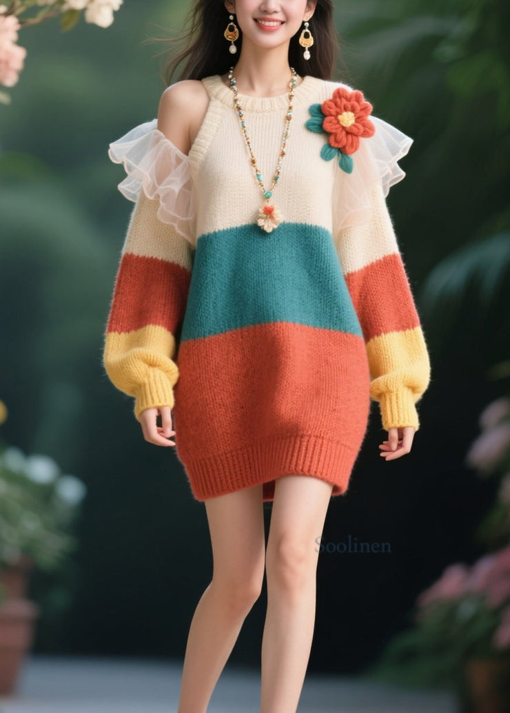 Women O-Neck Cold Shoulder Floral Knit Sweater Dresses Fall