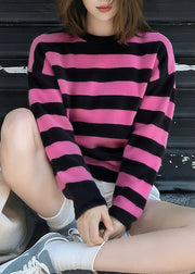 Women O Neck Striped Cozy Patchwork Knit Sweater Fall