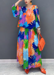 Women O-Neck Wrinkled T Shirts And Maxi Skirts Two Pieces Set Bracelet Sleeve