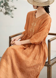 Women Orange Embroidered Patchwork Linen Dresses Summer