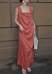 Women Orange Lace Up Solid Silk Long Dresses Sleeveless