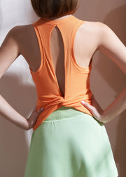 Women Orange O-Neck Loose Fitting Workout Tops