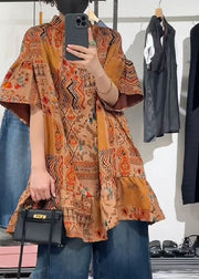 Women Orange Stand Collar Print Patchwork Silk Shirts Summer