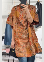 Women Orange Stand Collar Print Patchwork Silk Shirts Summer