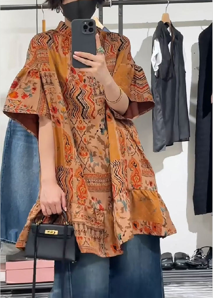 Women Orange Stand Collar Print Patchwork Silk Shirts Summer