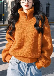 Women Orange Stand Collar Zip Up Solid Fluffy Sweatshirt Winter