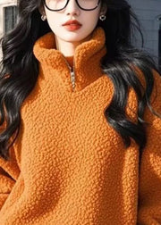 Women Orange Stand Collar Zip Up Solid Fluffy Sweatshirt Winter