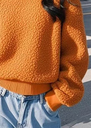 Women Orange Stand Collar Zip Up Solid Fluffy Sweatshirt Winter