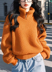 Women Orange Stand Collar Zip Up Solid Fluffy Sweatshirt Winter