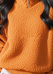 Women Orange Stand Collar Zip Up Solid Fluffy Sweatshirt Winter