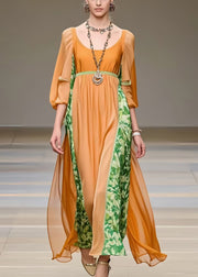 Women Orange U Neck Patchwork Chiffon Robe Dresses Bracelet Sleeve