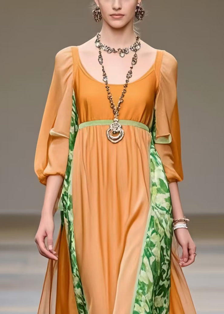 Women Orange U Neck Patchwork Chiffon Robe Dresses Bracelet Sleeve