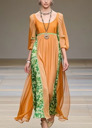 Women Orange U Neck Patchwork Chiffon Robe Dresses Bracelet Sleeve
