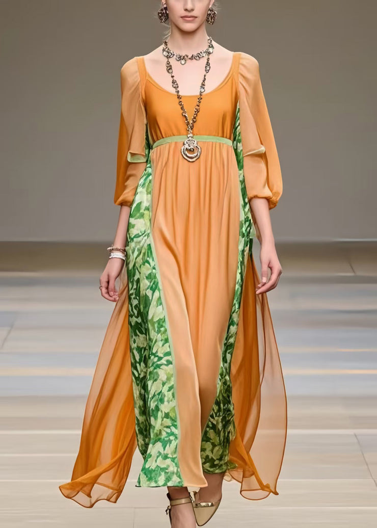Women Orange U Neck Patchwork Chiffon Robe Dresses Bracelet Sleeve