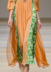 Women Orange U Neck Patchwork Chiffon Robe Dresses Bracelet Sleeve