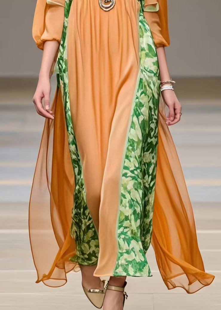 Women Orange U Neck Patchwork Chiffon Robe Dresses Bracelet Sleeve