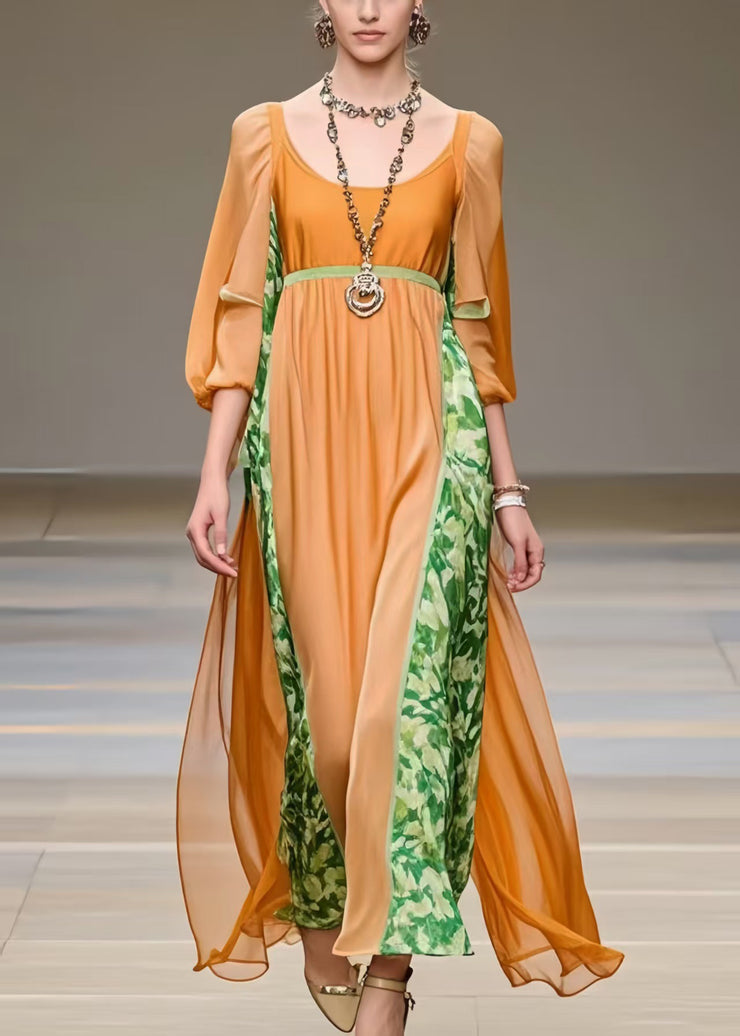 Women Orange U Neck Patchwork Chiffon Robe Dresses Bracelet Sleeve