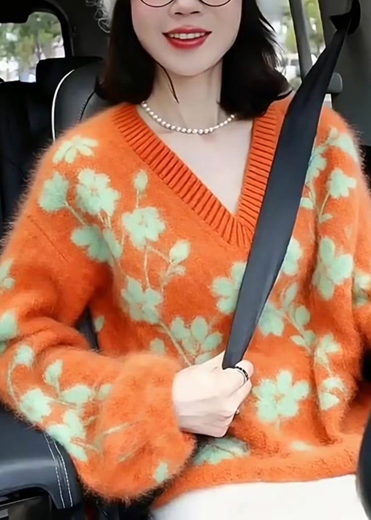 Women Orange V Neck Jacquard Knitted Short Sweater Winter