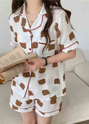 Women Oversized Bear Print Cotton Pajamas Two Pieces Set Summer