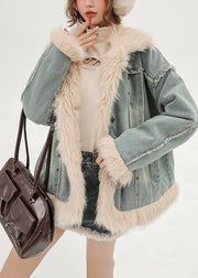 Women Oversized Patchwork Faux Fur Fine Cotton Filled Denim Coats Winter