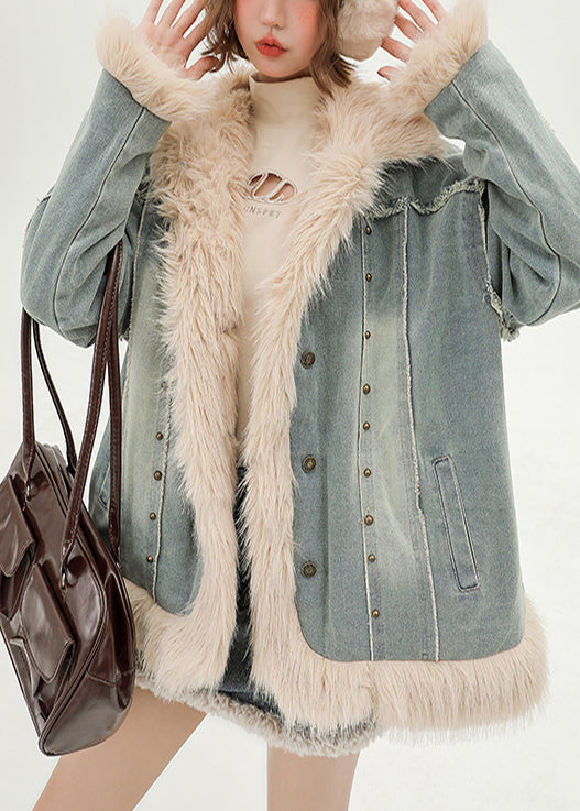 Women Oversized Patchwork Faux Fur Fine Cotton Filled Denim Coats Winter