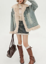 Women Oversized Patchwork Faux Fur Fine Cotton Filled Denim Coats Winter