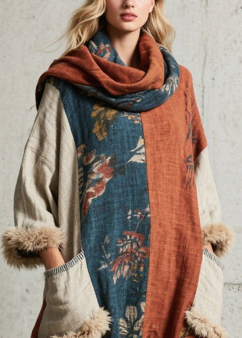 Women Oversized Patchwork Faux Fur With Pockets Ankle Dress Fall