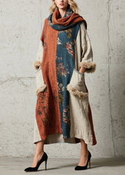 Women Oversized Patchwork Faux Fur With Pockets Ankle Dress Fall