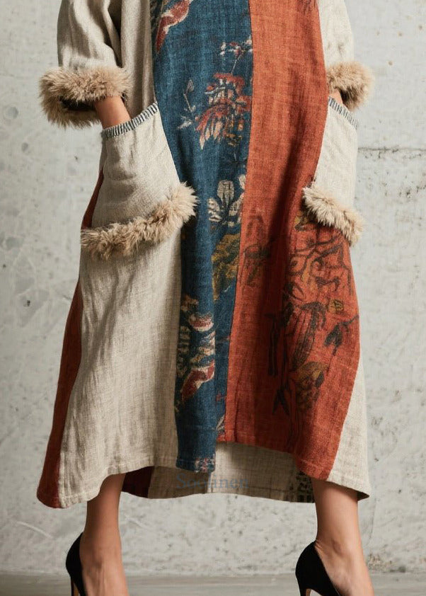 Women Oversized Patchwork Faux Fur With Pockets Ankle Dress Fall