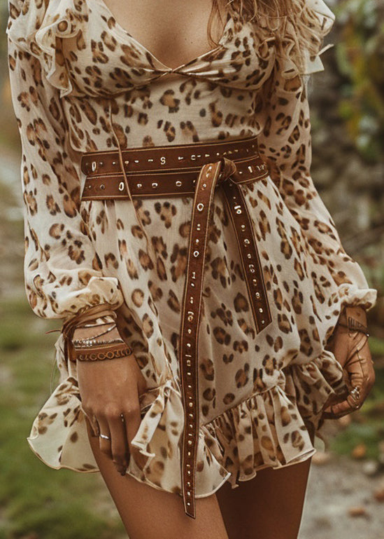Women Pastoral Leopard Style Long Sleeve Short Dresses