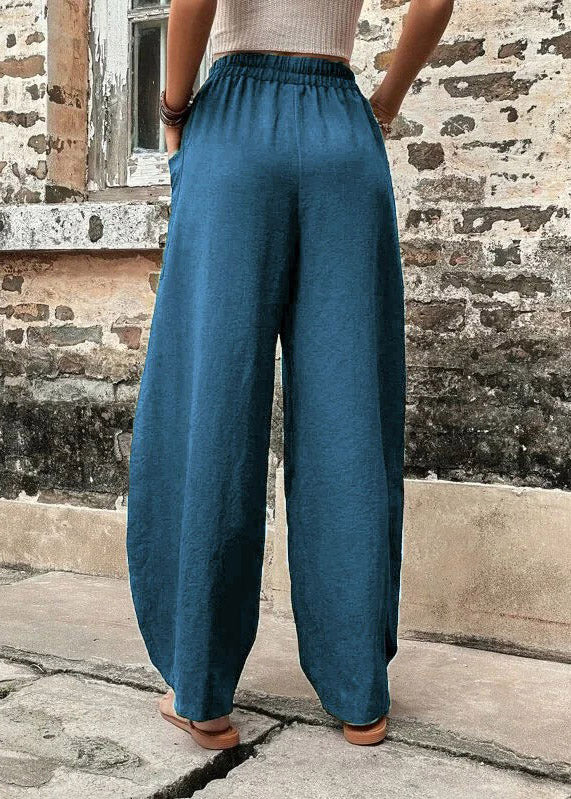 Women Peacock Blue Solid Casual Ice Silk Long Trousers