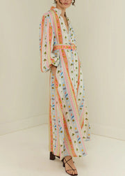 Women Peter Pan Collar Print Sashes Cotton Dress Long Sleeve