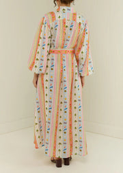 Women Peter Pan Collar Print Sashes Cotton Dress Long Sleeve