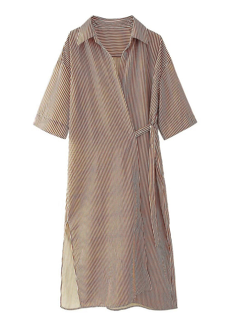 Women Peter Pan Collar Striped Cotton Shirts Dress Summer