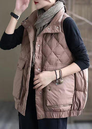 Women Pink Button Pockets Patchwork Duck Down Waistcoat Sleeveless