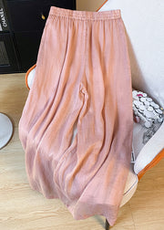 Women Pink Embroidered Elastic Waist Linen Wide Leg Pants Summer