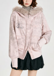 Women Pink Faux Fur Collar Cotton Hoodies Outwear Spring