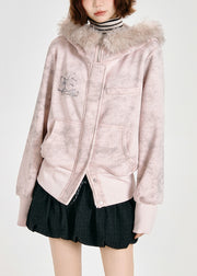 Women Pink Faux Fur Collar Cotton Hoodies Outwear Spring