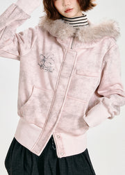 Women Pink Faux Fur Collar Cotton Hoodies Outwear Spring