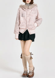 Women Pink Faux Fur Collar Cotton Hoodies Outwear Spring