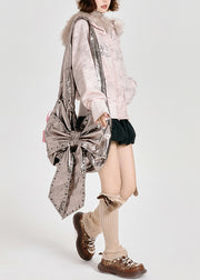 Women Pink Faux Fur Collar Cotton Hoodies Outwear Spring